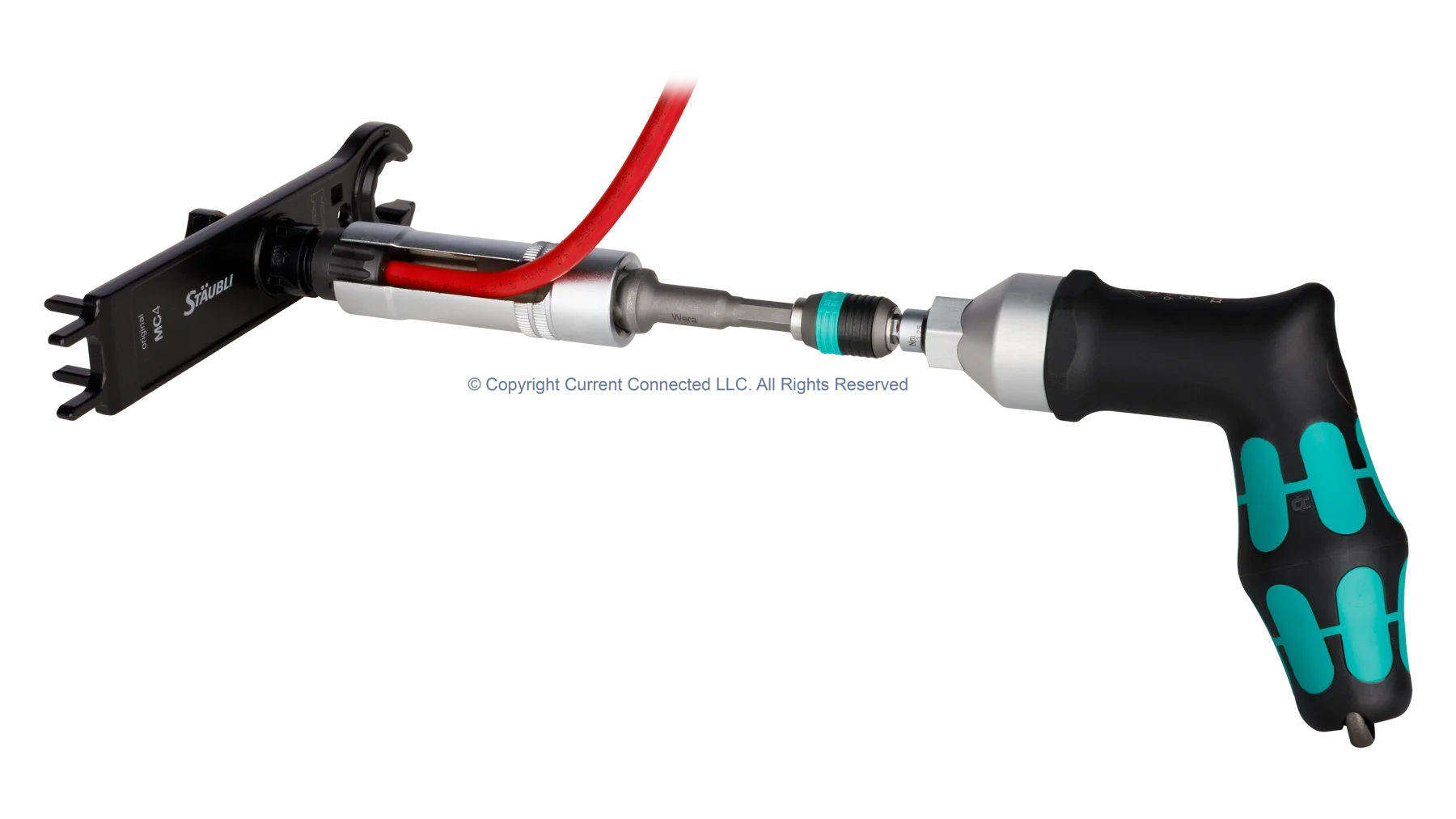 High quality photo of the Staubli - 32.6128-64100 - MC4 and MC4-Evo 2 Connector Installation Tool Set (UL) - Torque Tool In-Use. Photographed by Current Connected