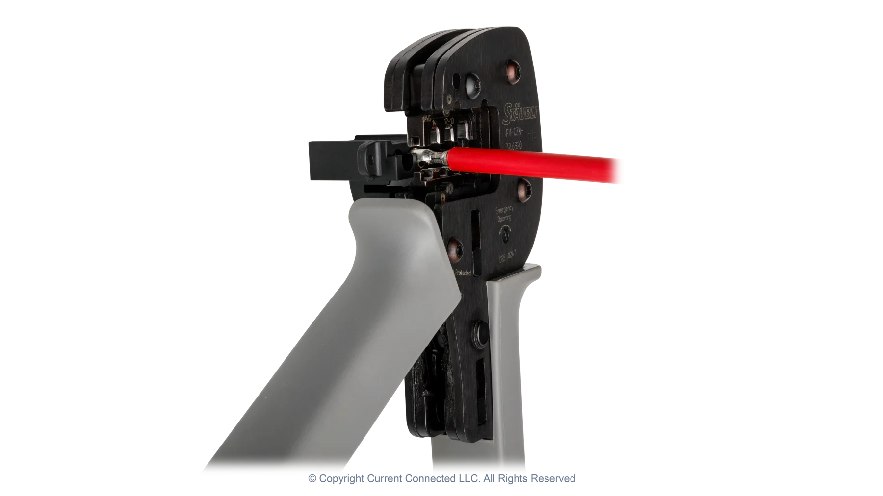 High quality photo of the Staubli - PV-CZM-326320 - Crimping Pliers - In-Use Angled View. Photographed by Current Connected