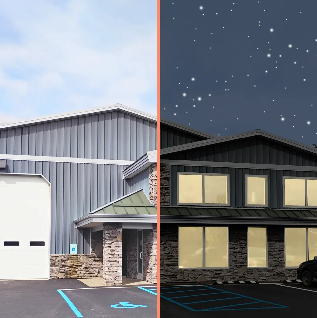 Photo showing a house. One side shows the house in daylight and the other side shows the house at night.