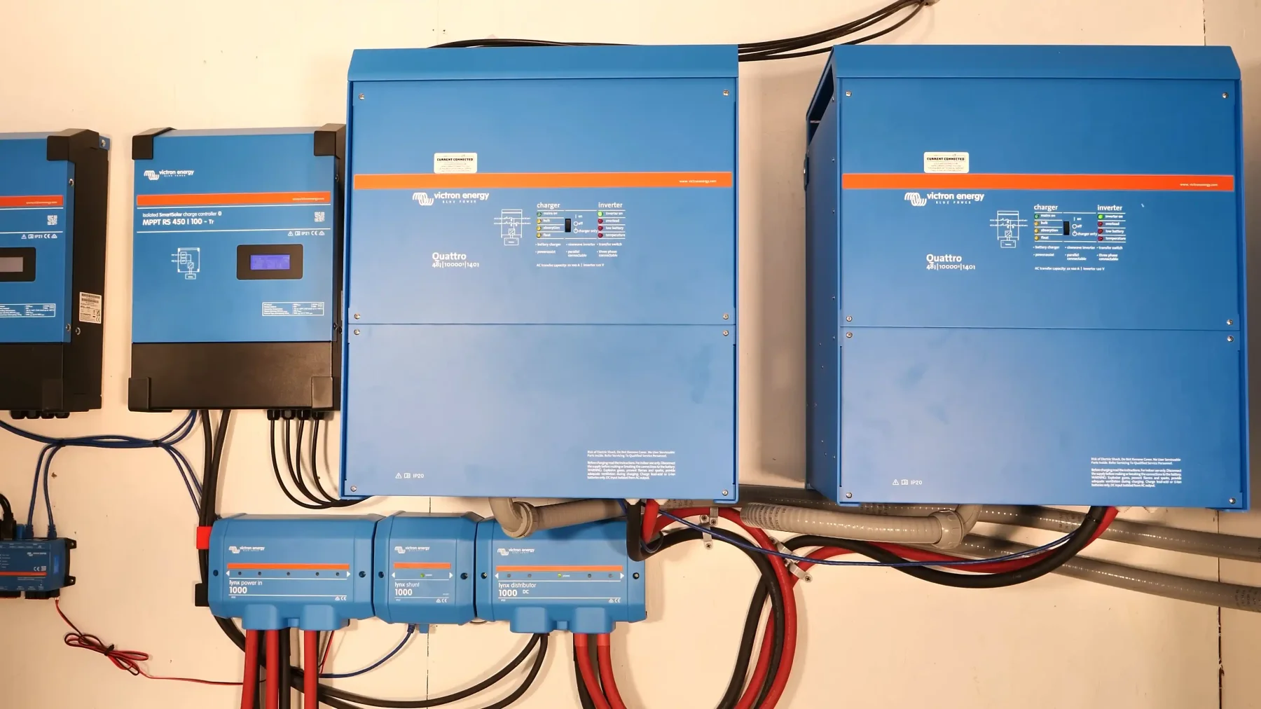 MPPT RS controllers & Quattro Inverters mounted inside the insulated shipping container. Framed, insulated, and sealed against moisture.