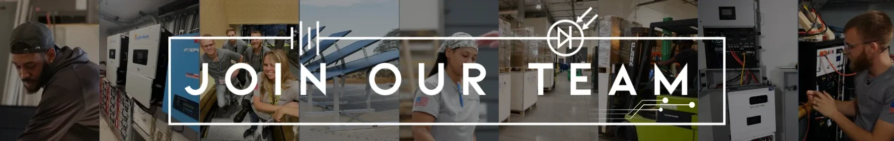 Graphic with our CurrentConnected border surrounding the words "Join Our Team" with candid background photos of our team in action