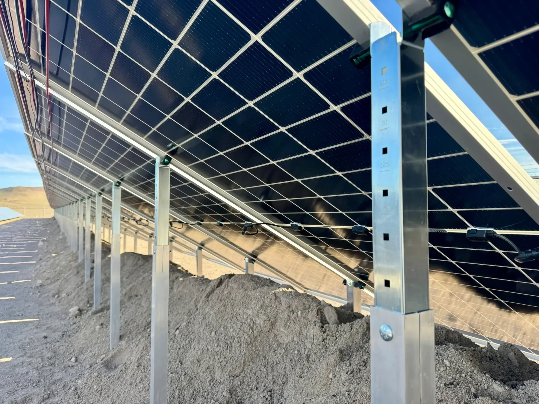 IntegraRack IR-40FSAA solar panel racking used for multiple arrays of solar panels. This view shows the underside and the notches for adjustable angles.