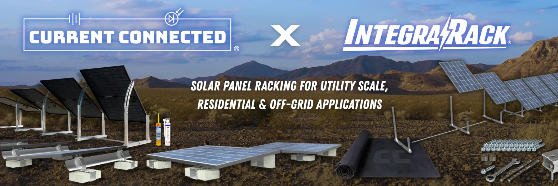 This is displaying the CurrentConnected logo and the Integarrack logo in white text and a shop now button over a mountain landscape with several IntegraRack products also displayed.