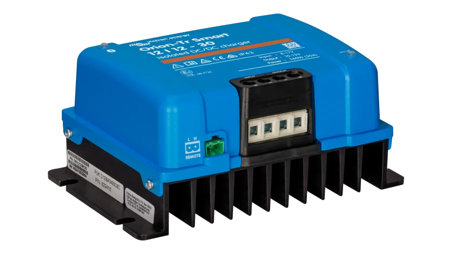 High quality photo of the Victron - ORI121236120 - Orion-TR Smart Isolated DC-DC Battery Charger - 12v 12v-30a - Angle Left View. Photographed by Current Connected