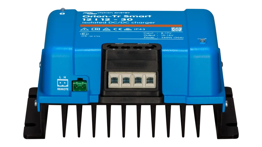 High quality photo of the Victron - ORI121236120 - Orion-TR Smart Isolated DC-DC Battery Charger - 12v 12v-30a - Front Angle View. Photographed by Current Connected