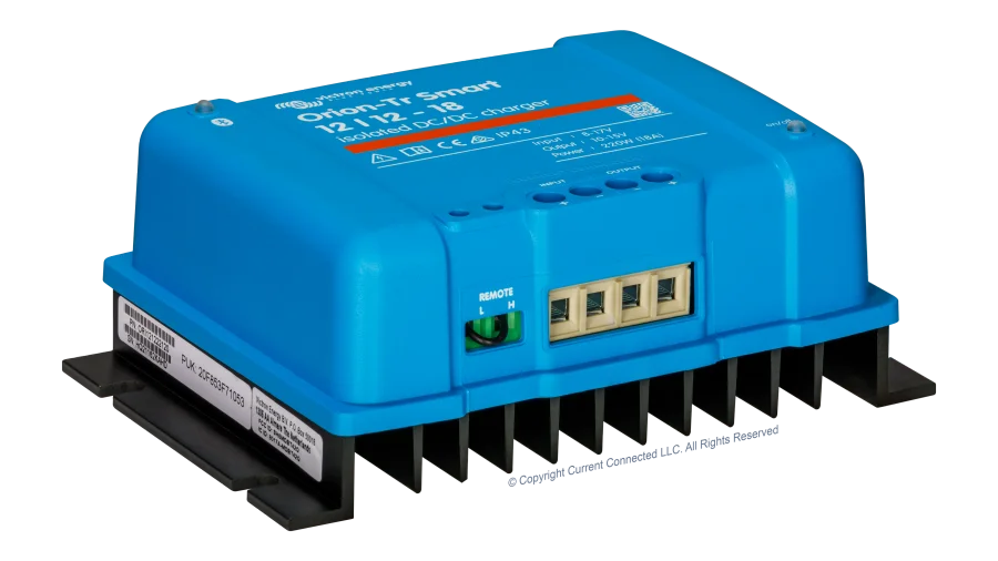 High quality photo of the .Victron - ORI121222120 - Victron Orion-TR Smart Isolated DC-DC Battery Charger - 12v 12v-18a - Angled Left View Photographed by Current Connected