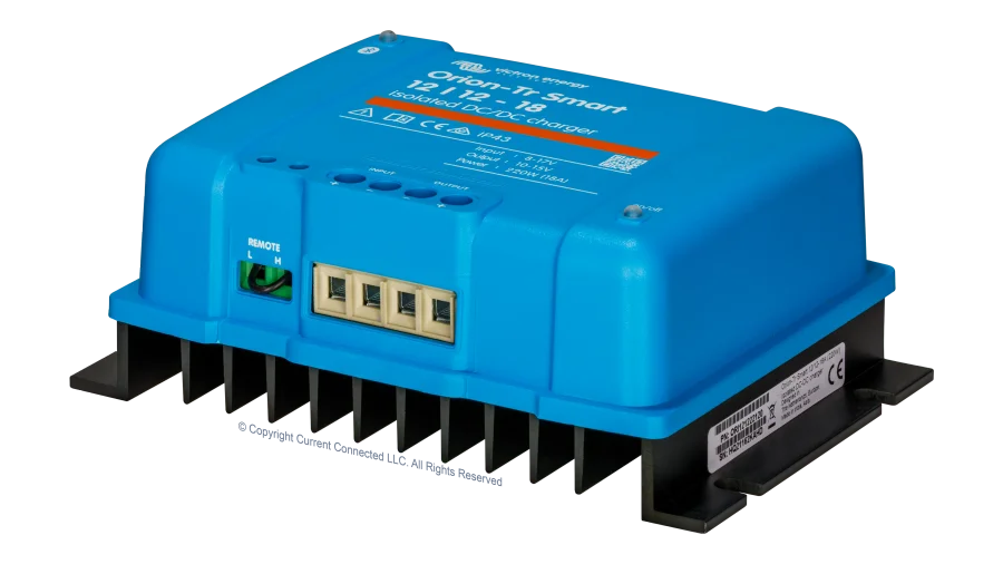 High quality photo of the Victron - ORI121222120 - Victron Orion-TR Smart Isolated DC-DC Battery Charger - 12v 12v-18a - Angled Right View. Photographed by Current Connected