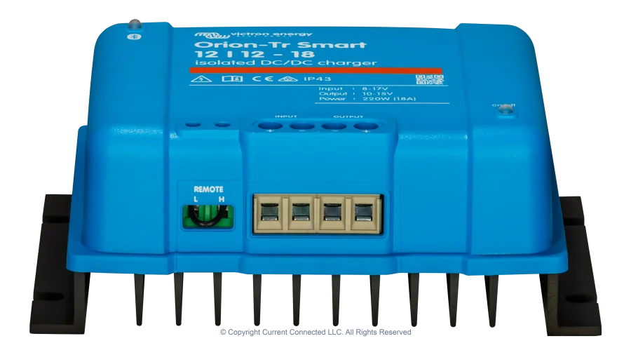 High quality photo of the Victron - ORI121222120 - Victron Orion-TR Smart Isolated DC-DC Battery Charger - 12v 12v-18a - Front Angle View. Photographed by Current Connected