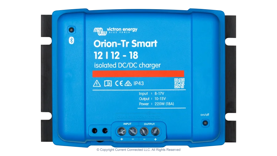High quality photo of the Victron - ORI121222120 - Victron Orion-TR Smart Isolated DC-DC Battery Charger - 12v 12v-18a - Top View. Photographed by Current Connected