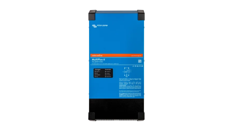 Victron Energy 12V MultiPlus-II 3kVA 2x120V Inverter 120A Charger (UL). This is a Front view display of the inverter by Victron Energy with no background.