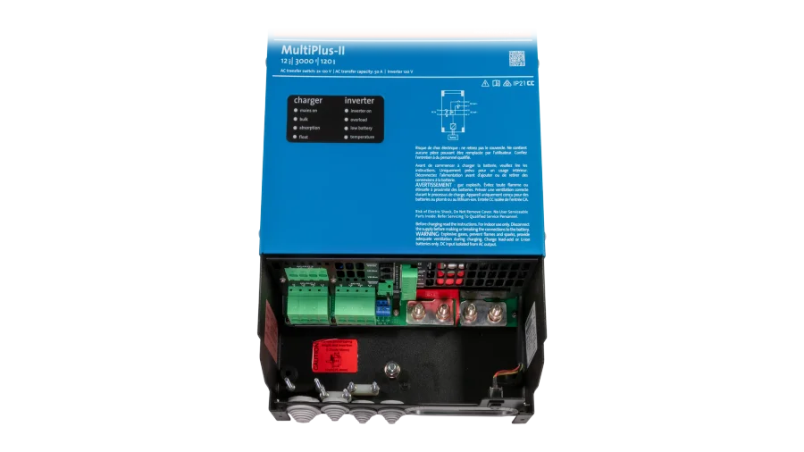 Victron Energy 12V MultiPlus-II 3kVA 2x120V Inverter 120A Charger (UL). This is a Internal view display of the inverter by Victron Energy with no background.