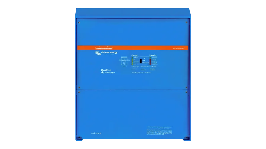High quality photo of the Victron - QUA483100102 - 48V Quattro 10kVA 120V Inverter 140A Charger (UL) - Front View. Photographed by Current Connected