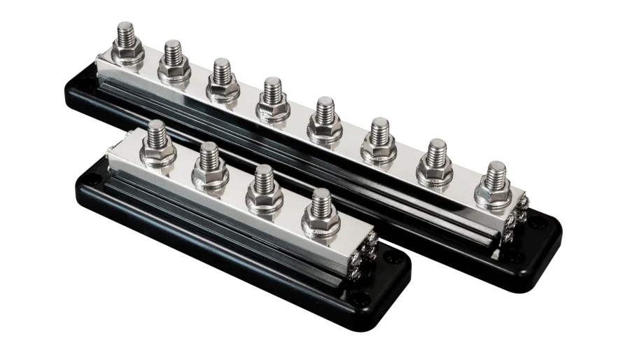 Victron Energy 600A Bus Bars with ABS Cover - Available with 4 or 8 Studs, each with 8 Terminals. The image is an isometric view of both busbars without the ABS covers, and no background.