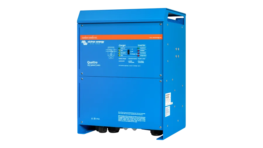 High quality photo of the Victron - QUA125021100 - 12V Quattro 5kVA 120V Inverter 220A Charger - Right View. Photographed by Current Connected
