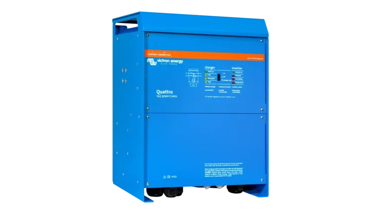 High quality photo of the Victron - QUA125021100 - 12V Quattro 5kVA 120V Inverter 220A Charger - Left View. Photographed by Current Connected