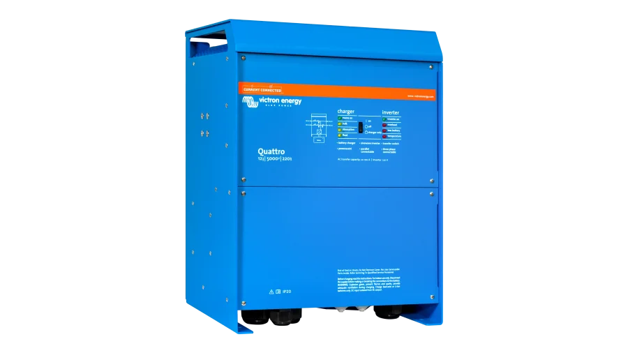 High quality photo of the Victron - QUA125021100 - 12V Quattro 5kVA 120V Inverter 220A Charger - Left View. Photographed by Current Connected