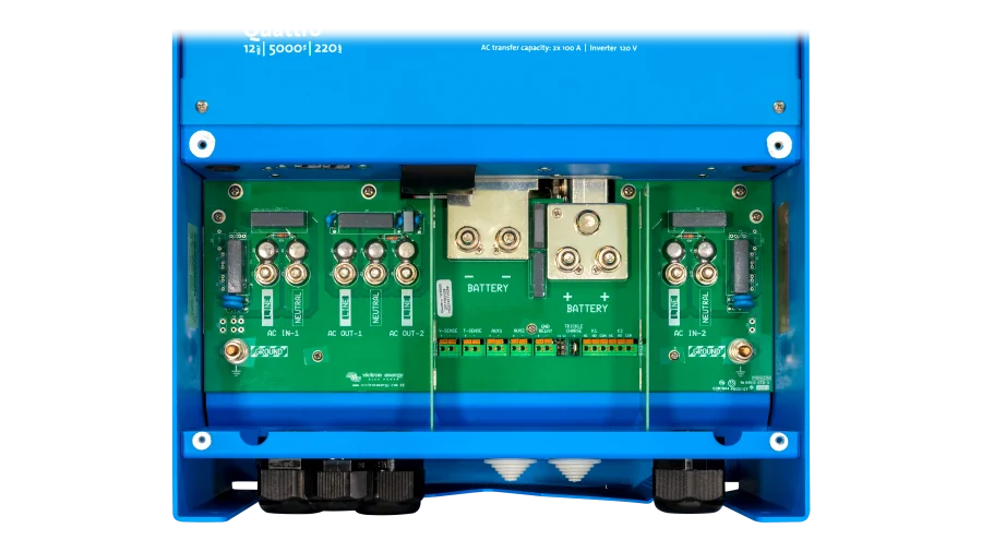 High quality photo of the Victron - QUA125021100 - 12V Quattro 5kVA 120V Inverter 220A Charger - Internal View. Photographed by Current Connected
