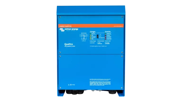 High quality photo of the Victron - QUA125021100 - 12V Quattro 5kVA 120V Inverter 220A Charger - Front View. Photographed by Current Connected