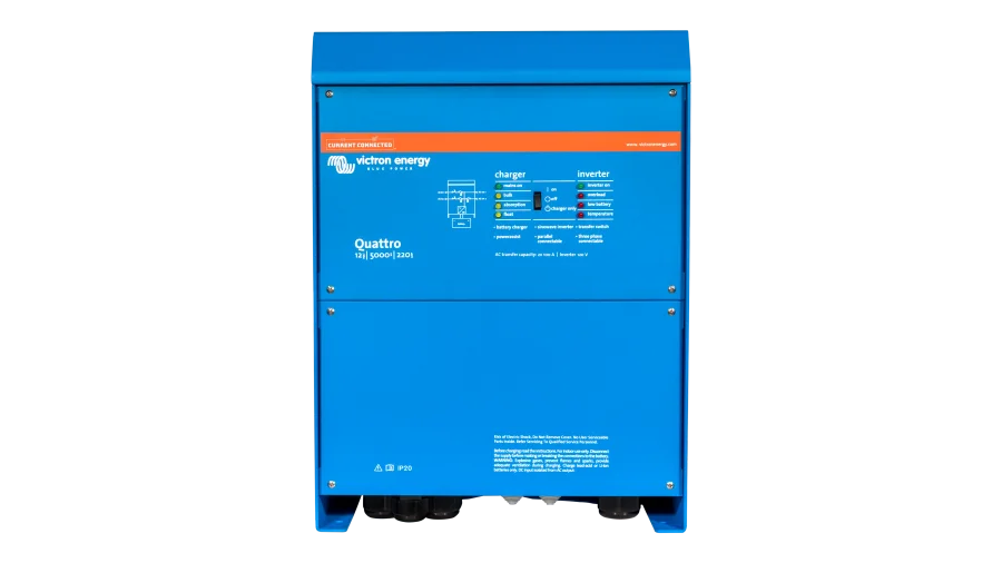 High quality photo of the Victron - QUA125021100 - 12V Quattro 5kVA 120V Inverter 220A Charger - Front View. Photographed by Current Connected