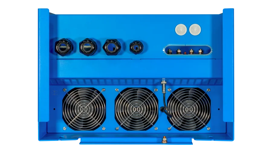 High quality photo of the Victron - QUA483150100 - 48V Quattro 15kVA 277V Inverter 200A Charger - Bottom View. Photographed by Current Connected