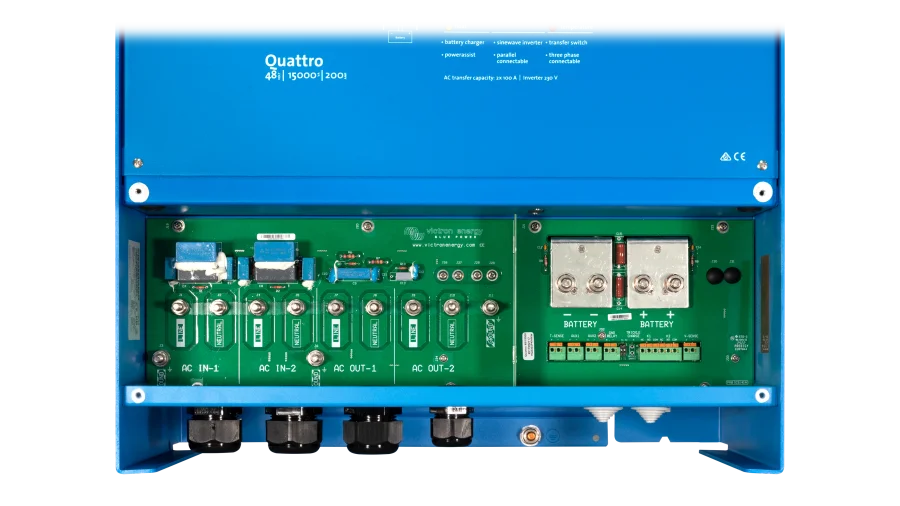 High quality photo of the Victron - QUA483150100 - 48V Quattro 15kVA 277V Inverter 200A Charger. Photographed by Current Connected