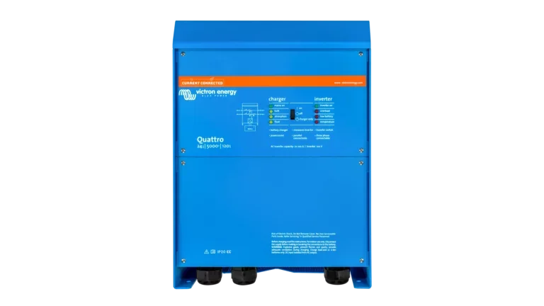 High quality photo of the Victron - QUA245023110 - 24V Quattro 5kVA 120V Inverter 120A Charger - Front View. Photographed by Current Connected