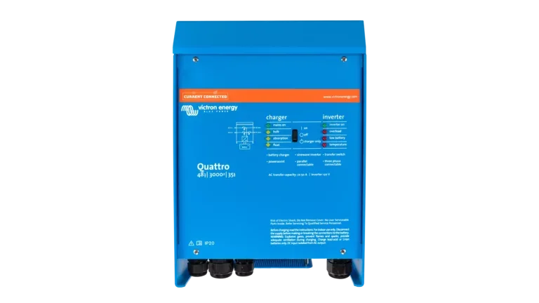 High quality photo of the Victron - QUA483021100 - 48V Quattro 3kVA 120V Inverter 35A Charger – Front View. Photographed by Current Connected