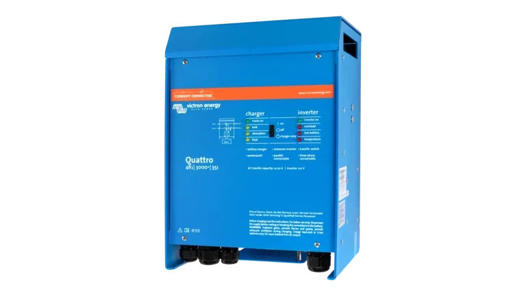 High quality photo of the Victron - QUA483021100 - 48V Quattro 3kVA 120V Inverter 35A Charger – Right View. Photographed by Current Connected