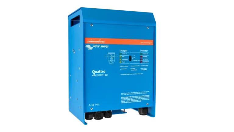 High quality photo of the Victron - QUA483021100 - 48V Quattro 3kVA 120V Inverter 35A Charger – Left View. Photographed by Current Connected