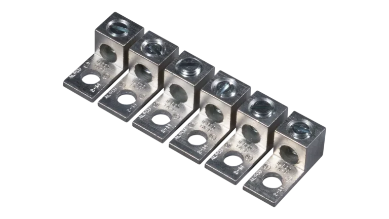 Six-Lug Set for Victron Quattro Inverters. This is an Angled View of the six-lug set in a vertical line, with no background