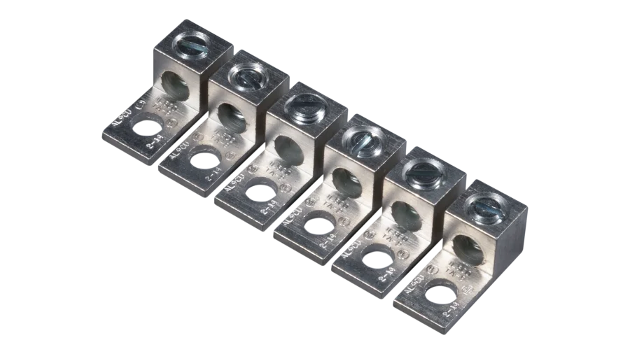 Six-Lug Set for Victron Quattro Inverters. This is an Angled View of the six-lug set in a vertical line, with no background