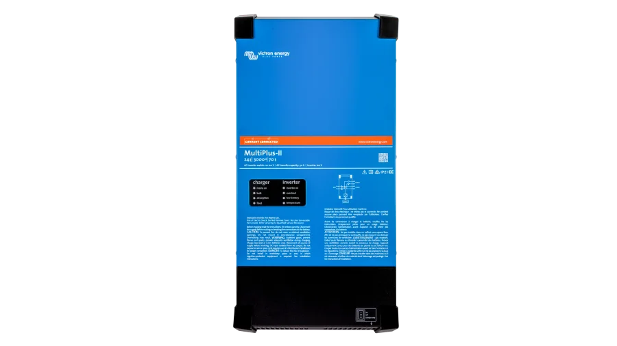 Victron Energy 24V MultiPlus-II 3kVA 2x120V Inverter 70A Charger. This is a Front view display of the inverter by Victron Energy with no background.