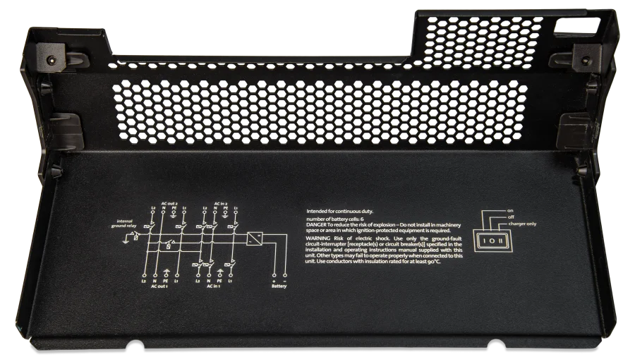 Victron Energy 12V Quattro-II 3kVA 2x120V Inverter 120A Charger. This is a Wiring Diagram View display of the inverter by Victron Energy with no background.