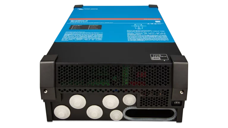 Victron Energy 24V Quattro-II 3kVA 2x120V Inverter 70A Charger. This is a Bottom view display of the inverter by Victron Energy with no background.