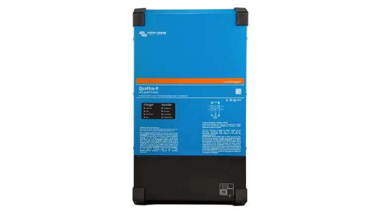Victron Energy 24V Quattro-II 3kVA 2x120V Inverter 70A Charger. This is a Front view display of the inverter by Victron Energy with no background.