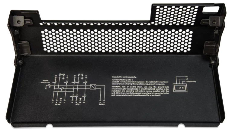 Victron Energy 24V Quattro-II 3kVA 2x120V Inverter 70A Charger Bottom Plate. This is an image of the silkscreened wiring diagram on the inside of the Bottom Plate with no background.