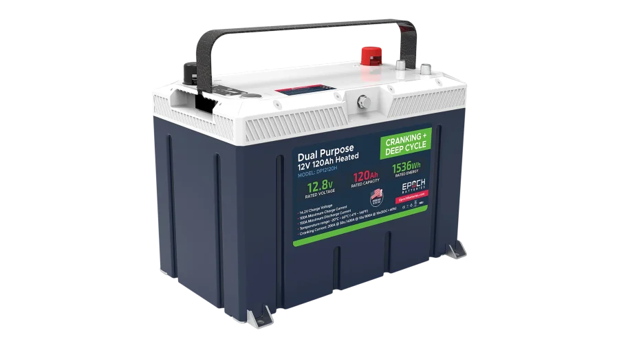 Epoch 12V 120Ah 1.54kWh Pro Cranking & Deep Cycle LiFePO4 Battery, Group 27 Heated and Bluetooth Lithium Battery