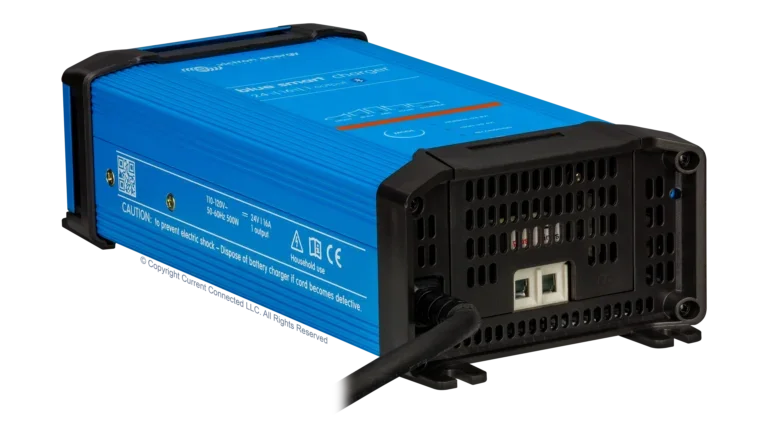 High quality photo of the Victron - BPC241647102 - Blue Smart IP22 24V-16A Battery Charger - Angled Left View. Photographed by Current Connected