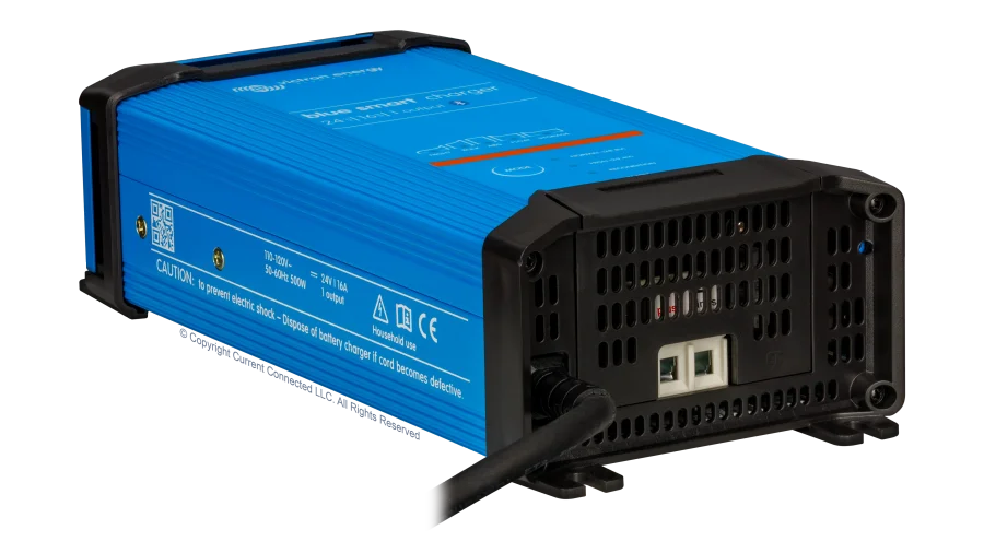 High quality photo of the Victron - BPC241647102 - Blue Smart IP22 24V-16A Battery Charger - Angled Left View. Photographed by Current Connected