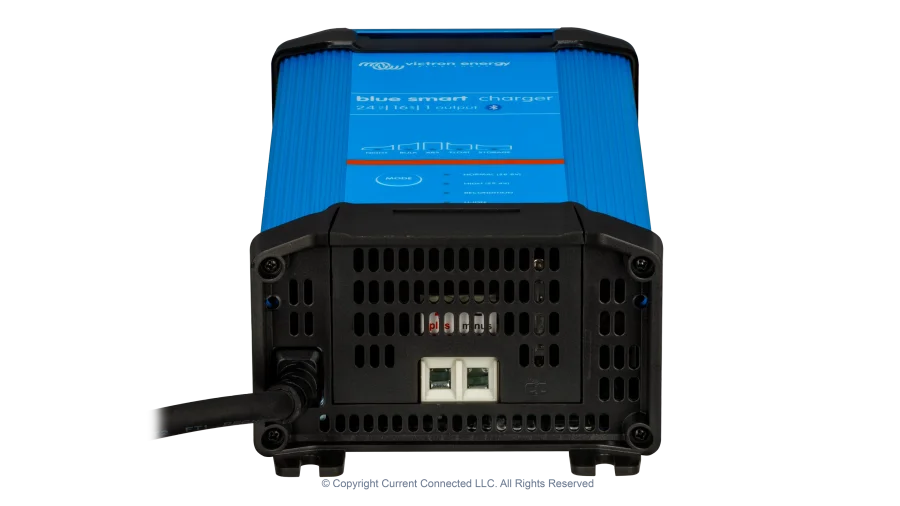 High quality photo of the Victron - BPC241647102 - Blue Smart IP22 24V-16A Battery Charger - Connection View. Photographed by Current Connected