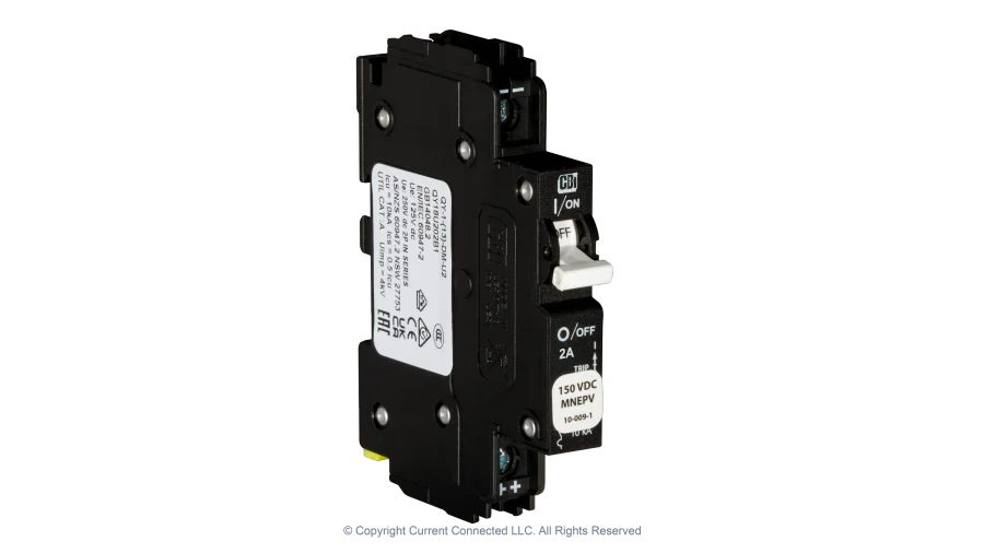 High quality photo of the Midnite Solar - MNEPV2 - 150Vdc Din-Rail Mount Polarized Circuit Breaker 2A - Angled View. Photographed by Current Connected