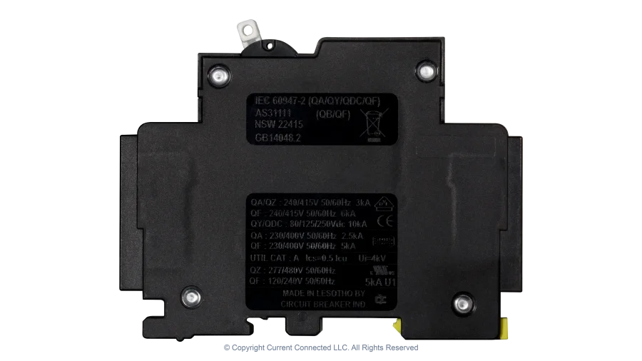 High quality photo of the !Midnite Solar - MNEPV2 - 150Vdc Din-Rail Mount Polarized Circuit Breaker 2A - Side View. Photographed by Current Connected