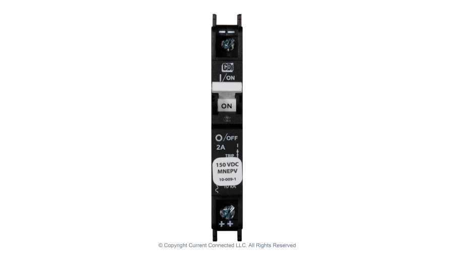 High quality photo of the Midnite Solar - MNEPV2 - 150Vdc Din-Rail Mount Polarized Circuit Breaker 2A- Front View. Photographed by Current Connected