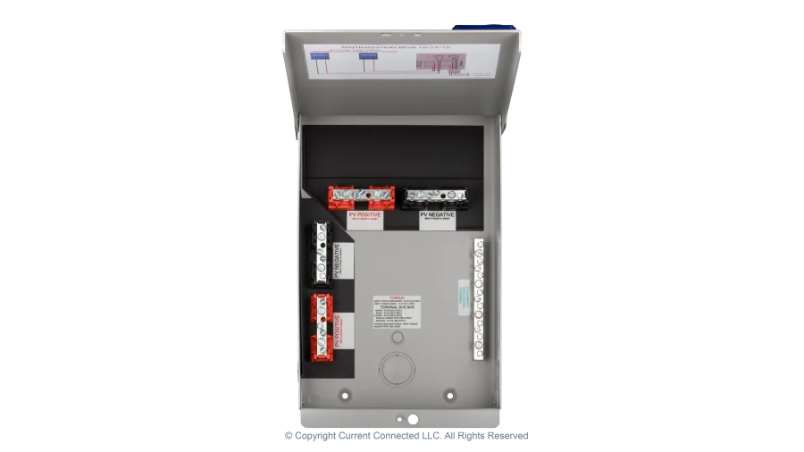 High quality photo of the Midnite Solar - MNTRANSITION - Transition Box - Internal and Cover View. Photographed by Current Connected