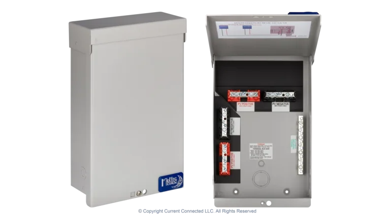 High quality photo of the Midnite Solar - MNTRANSITION - Transition Box - Open and Closed Views. Photographed by Current Connected