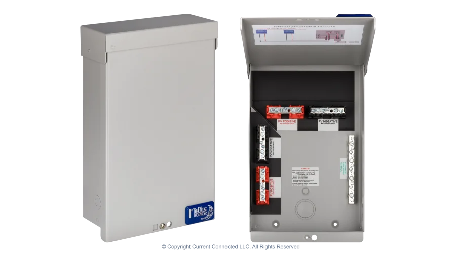High quality photo of the Midnite Solar - MNTRANSITION - Transition Box - Open and Closed Views. Photographed by Current Connected