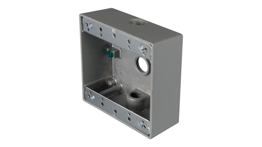 Outdoor Weatherproof Bell Box, Die-Cast Aluminum, 1-Gang and 2-Gang Options, 1/2" Threaded Conduit Outlets, NEMA 3R, Gray Powder Coat
