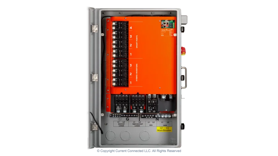 High quality photo of the EG4 - EG4MID2P200AV2.1 - GridBOSS Microgrid Interconnect Device (MID) - Internal View with-Breakers. Photographed by Current Connected