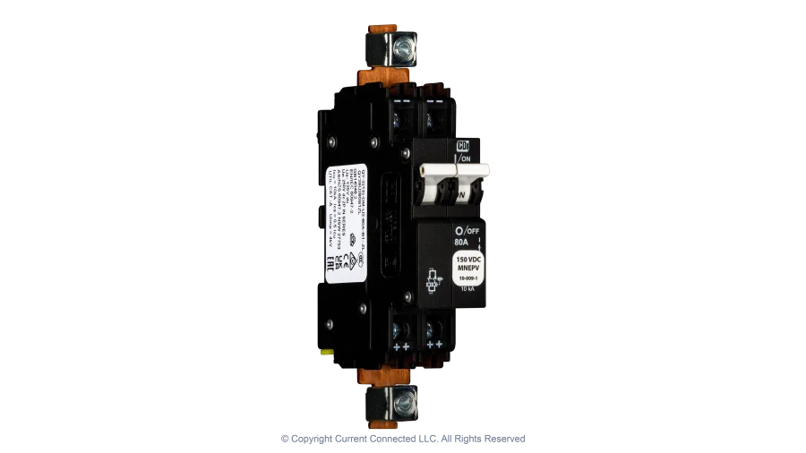 High quality photo of the Midnite Solar - MNEPV80 - 150Vdc Din-Rail Mount Polarized Circuit Breaker 80A - Angled View. Photographed by Current Connected