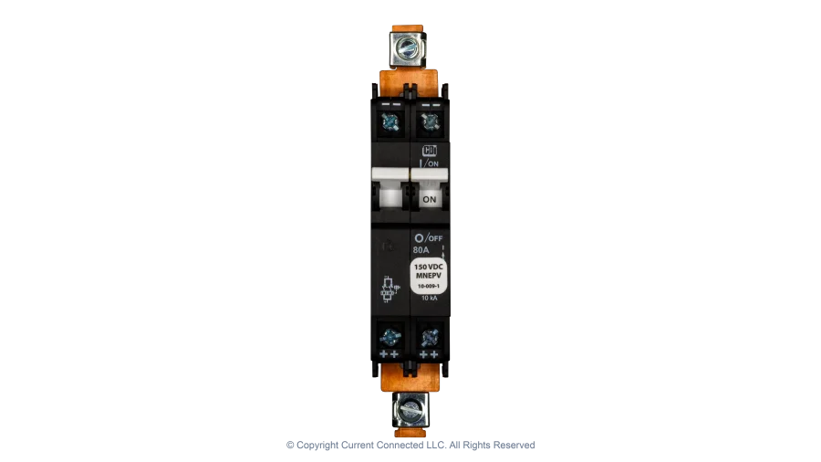 High quality photo of the Midnite Solar - MNEPV80 - 150Vdc Din-Rail Mount Polarized Circuit Breaker 80A- Front View. Photographed by Current Connected